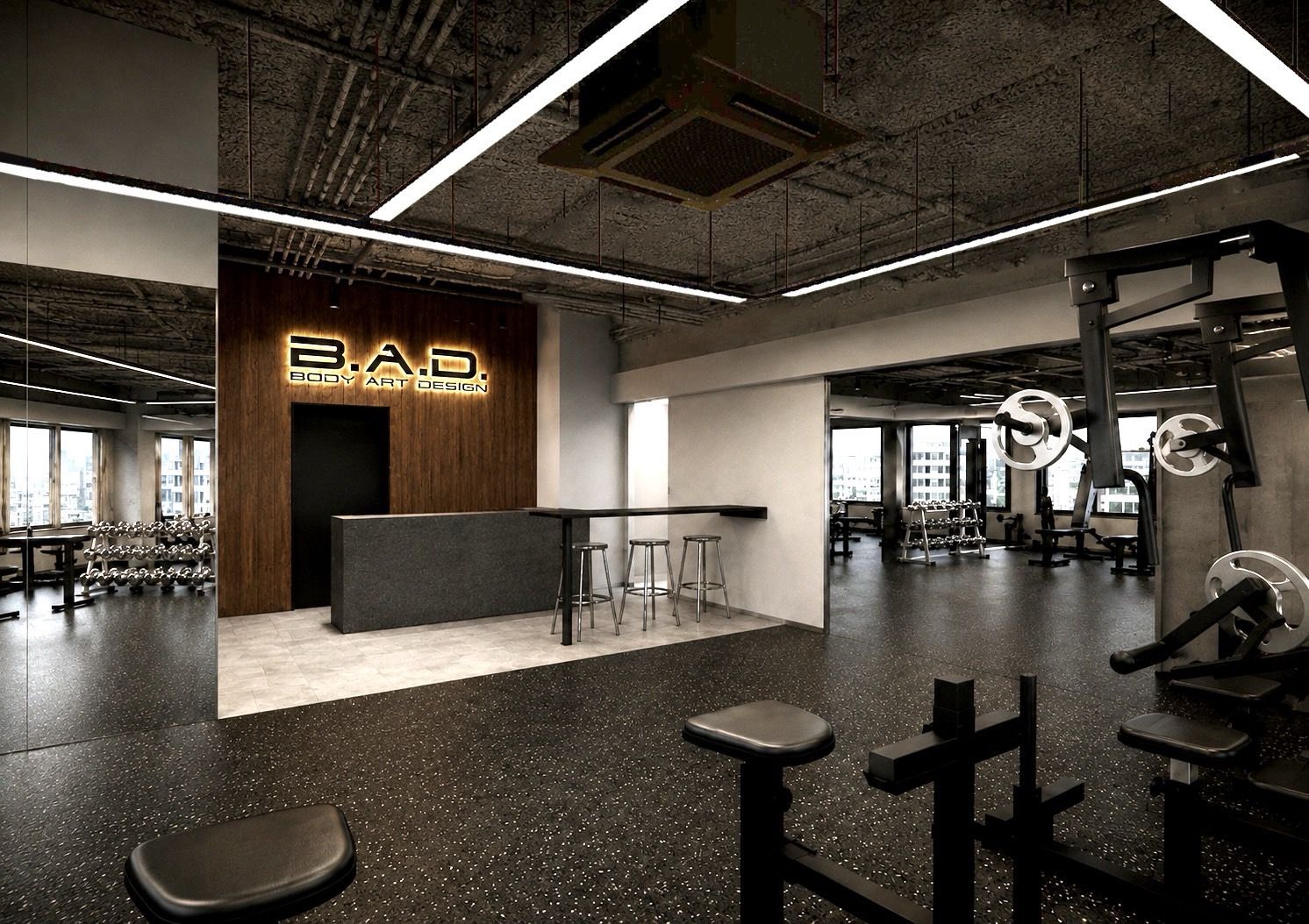 B.A.D. GYM URAWA の館内イメージ。受付とトレーニングフロアを見通した内装CGパース