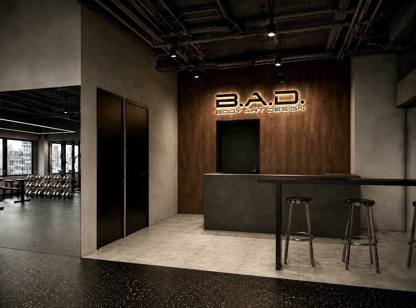 B.A.D. GYM URAWA の受付まわりの内装CGパース