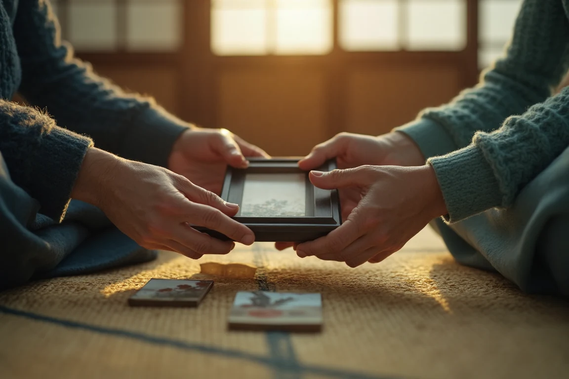 遺品の写真立てを布で丁寧に包む手元