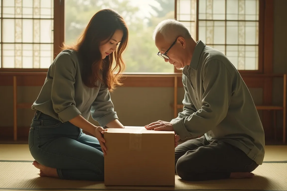 実家の和室を一緒に片付ける親子